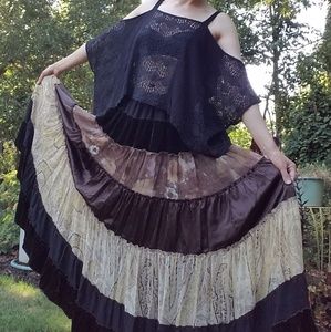Boho Gypsy Velvet & Silk Maxi Tiered Peasant Skirt